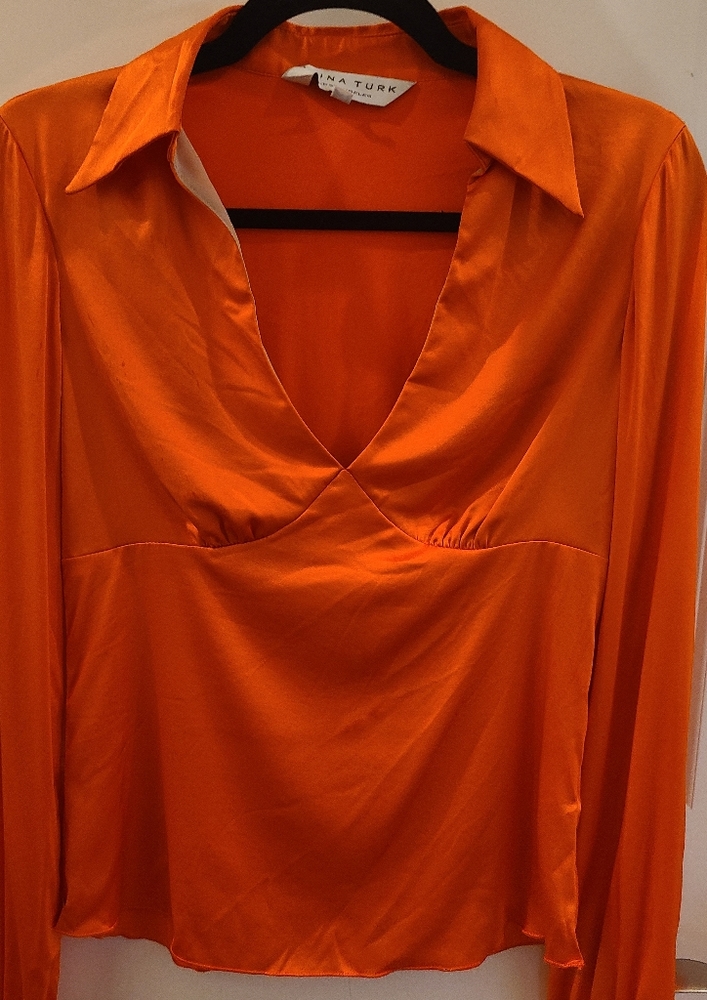 Trina Turk Los Angeles Orange Silk V Neck Long Sleeve Blouse Jeweled Cuffs Small - Picture 9 of 10